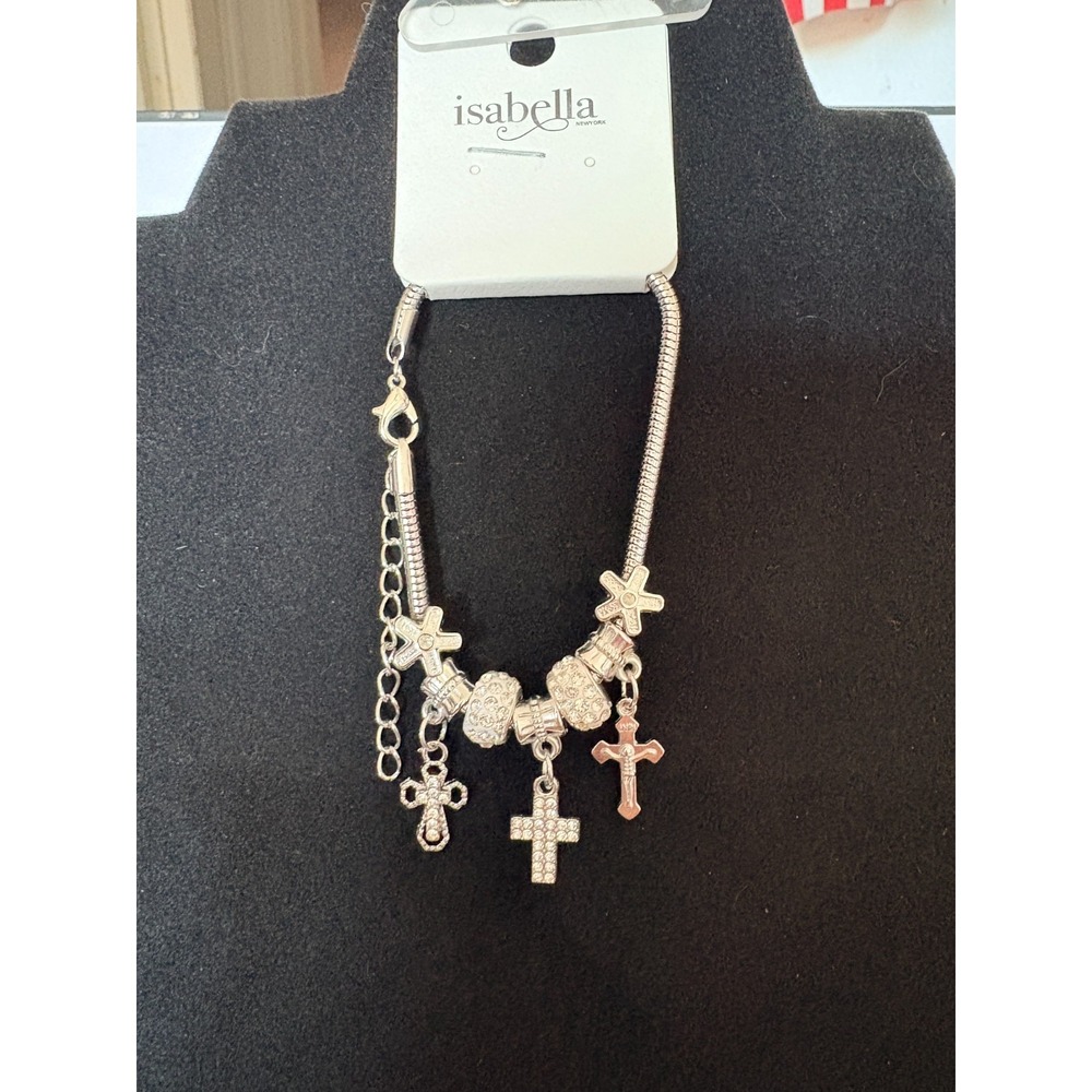 Isabella Silver Cross Charm Snake Chain Bracelet Adjustable 8in NWT